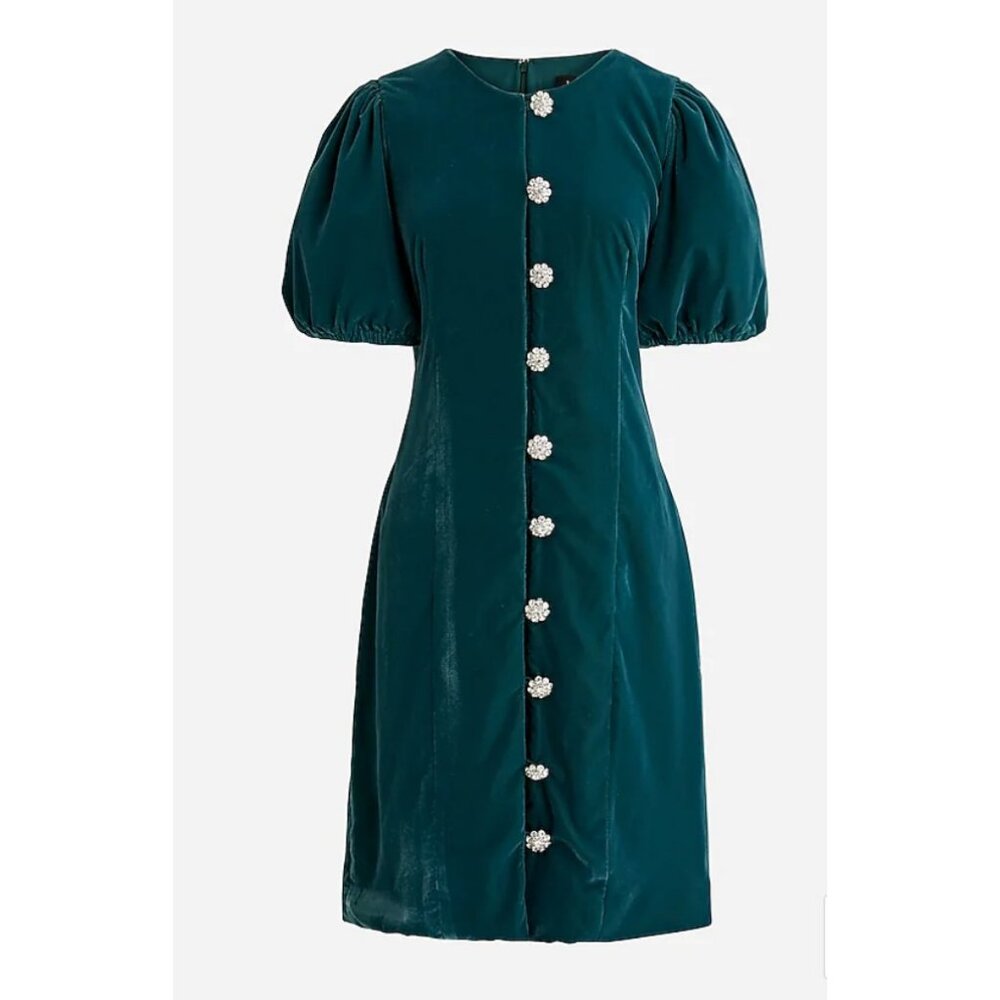 J. Crew Teal Velvet Puff-Sleeve Mini Dress with Jewel Buttons